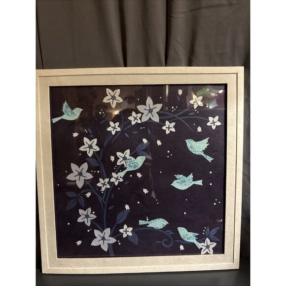 Vintage Chinese Jianzhi Paper Art Framed Bird Flowers Tree Leaves 14x6” Blue - Picture 11 of 16